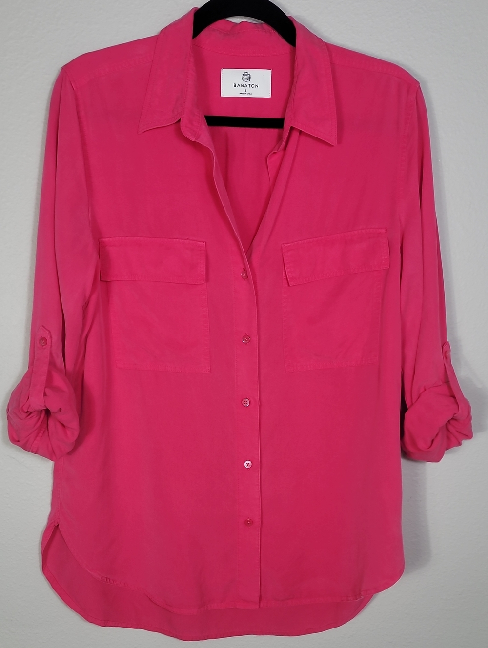 Babaton Pink Button Up Shirt Size Small Tencel Lyocell Roll Tab Sleeve